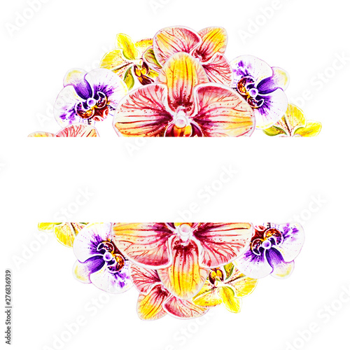 Beautiful colorful orchid text frame. Bouquet of flowers. Floral print. Marke...