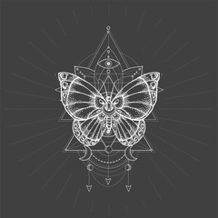 Vector illustration with hand drawn butterfly and Sacred geometric symbol on black background. Abstract mystic sign.