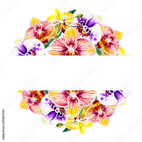 Beautiful colorful orchid text frame. Bouquet of flowers. Floral print. Marke...