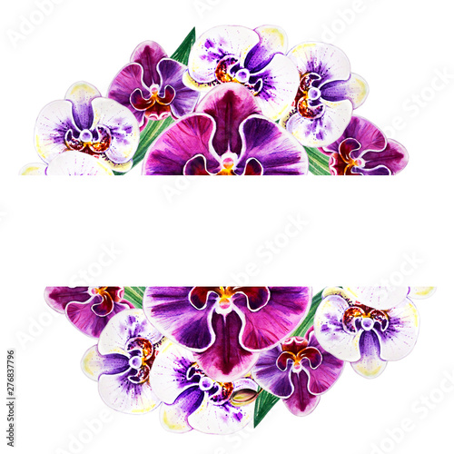 Beautiful colorful orchid text frame. Bouquet of flowers. Floral print. Marke...