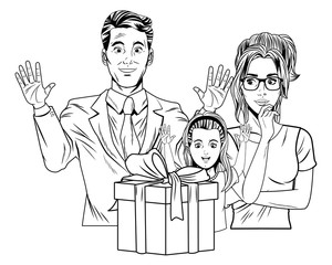 Wall Mural - family avatar with gift box in black and white