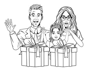 Wall Mural - family avatar with gift box in black and white