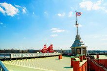 St Petersburg, Russia.Flag Tower With Russian Navy Flag And Naryshkin Bastion, Peter And Paul Fortress -view From Height