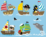 Vector set of funny sailor cartoon on sailboat with a dolphin