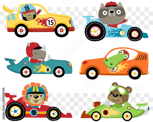 Fotografía Vector set of cars race cartoon with funny racer