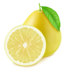 Wall Mural - Whole and halved pomelos isolated on white background.