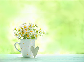 Wall Mural - cute daisies in cup and heart, cozy rustic scene. summer season. chamomile flowers, gentle and pure nature. close up, copy space. soft selective focus