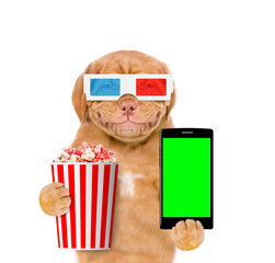 Poster - Smiling puppy in 3d glasses holding popcorn basket and smartphone. isolated on white background