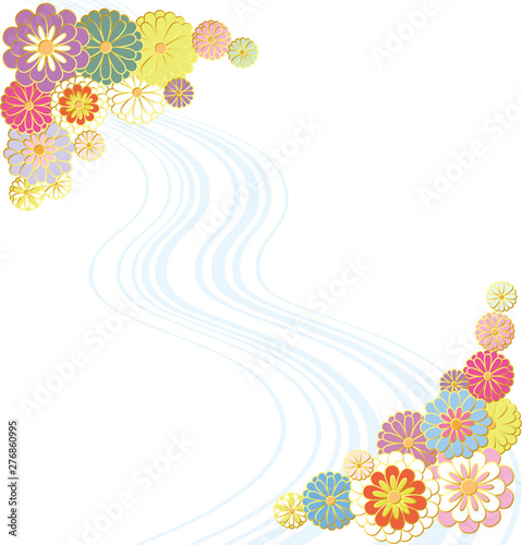 和風の菊と流水模様.ベクター背景素材.