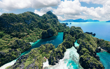 Wide aerial shot of big lagoon, small lagoon, El nido, Palawan, Philippines