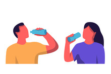 Woman Drinking Water. Man Drinking Water. People Drinking Water Set. Flat Vector Illustration