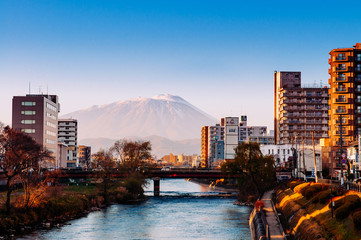 Mount Iwate Morioka city scene at Katakami river with sunset light