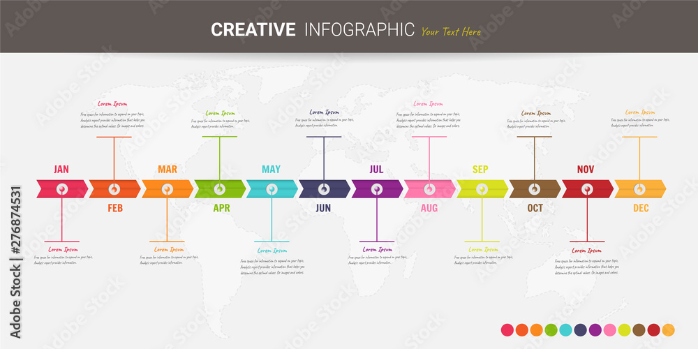Year planner, 12 months, 1 year, Timeline infographics design vector and Presentation business can be used for Business concept with 12 options, steps or processes.  - obrazy, fototapety, plakaty 