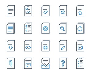 Aufkleber - Document Management line icons. Set of Report, Checklist and Copy icons. Download file, Remove and Attach clip symbols. Search, Edit management document and Corrupt report file. Checklist copy