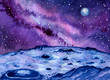 Landscape of a distant planet with a galaxy and starry space. Blue planet's surface is covered with craters and rocks