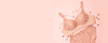 Gently Pink Lace Underwear With Stars Decor On A Pink Background. Congratulatory Romantic Concept For Valentine's Day