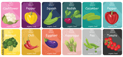 Vegetables labels Vector flat style. Cauliflower, pepper, cherry tomatoes set...