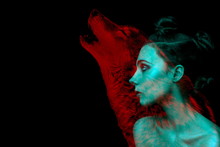 Gothic Girl And Wolf Double Exposure On Black Background. Werewolf Concept. Space For Text