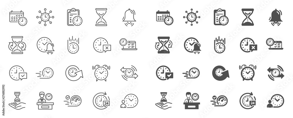 Time line icons. Set of Calendar, Time management timer and Delivery service linear icons. Checklist, Stopwatch timer and hourglass. 24 hours and Presentation, calendar, checklist test. Vector - obrazy, fototapety, plakaty 