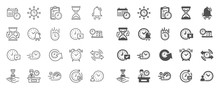 Time Line Icons. Set Of Calendar, Time Management Timer And Delivery Service Linear Icons. Checklist, Stopwatch Timer And Hourglass. 24 Hours And Presentation, Calendar, Checklist Test. Vector
