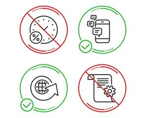 Poster - Do or Stop. World globe, Loan percent and Communication icons simple set. Technical documentation sign. Around the world, Discount, Smartphone messages. Manual. Technology set. Vector