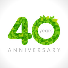 40 th anniversary numbers. 40 years old logotype. Age congrats, congratulation idea with leaves. Isolated abstract graphic design template. Herbal digits, up to -40% percent off discount. Eco label.