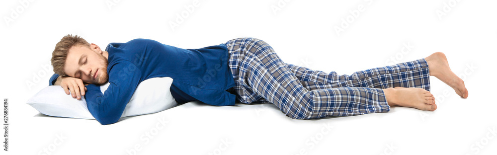 Handsome sleeping man with pillow on white background - obrazy, fototapety, plakaty 