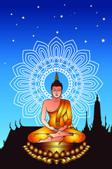 Golden Buddha Siddhartha gautama sit on lotus with dharma wheel and star background