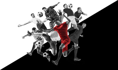 Male football or soccer players emotional while playing. Sportsmen of two team fighting for the goal. Creative black and white collage of 6 people. Movement, action, motion, sport and healthy