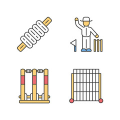 Sticker - Cricket championship color icons set. Sport competition. Bail, stumps, sight screen, umpire. Sporting gear, judge. Club tournament. Athletic activity. Team battle. Isolated vector illustrations