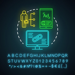 Sticker - Posting affiliate links neon light icon. Affiliate and referral marketing. Product promotion and recommendation. Glowing sign with alphabet, numbers and symbols. Vector isolated illustration