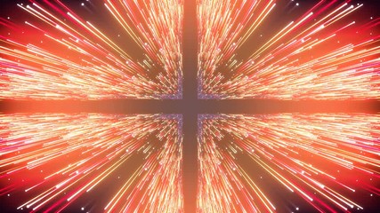 Poster - Hyper jump flight in space. Computer generated abstract cosmic background. Orange glowing stars, cosmos. Big bang, galaxy, speed of light. 3D render loop animation. 4K, Ultra HD resolution.