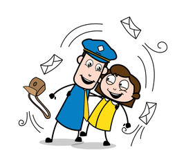 Wall Mural - Happy Couple - Retro Postman Cartoon Courier Guy Vector Illustration