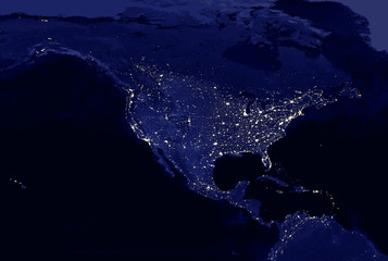 American continent electric lights map at night. City lights. Map of North and Central America. View from outer space. Mixed media