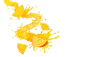 Wall Mural - Fresh ripe orange fruits and orange juice or smoothie 3D splash twisted. Tasty vitamin citrus juice splashing, orange juice, smoothie isolated. Healthy orange drink tropical fruit label design element