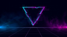 Retrowave Background With Sparkling Glitched Triangle And Blue And Purple Glows With Smoke.
