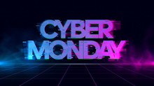 Cyber Monday Retrowave Glitch banner with blue and purple glows with smoke and particles.