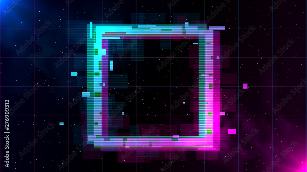 Retrowave Glitch Square with sparkling and blue and purple glows with smoke. - obrazy, fototapety, plakaty 