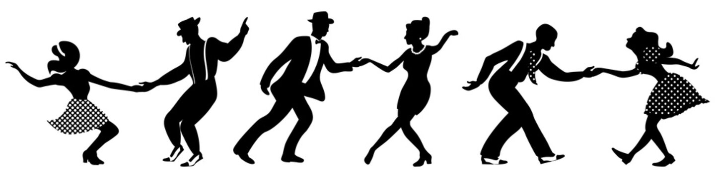 set of three negative dancing couples silhouettes on white background. people in 1940s or 1950s styl