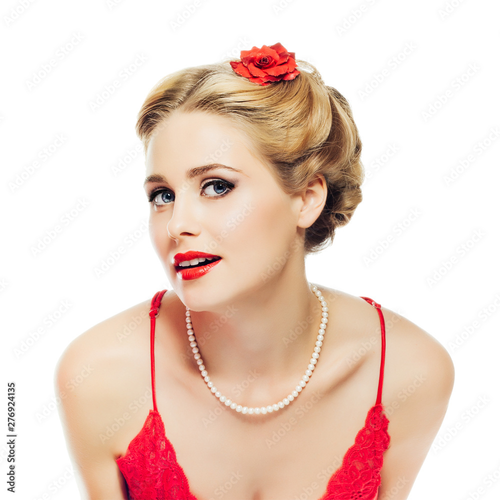 blonde girl pin-up in red lace dress and pearl necklace looks playfully at  camera isolated on white background Stock Photo | Adobe Stock