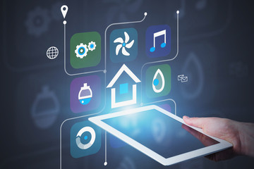 Poster - Man hand with tablet, smart home interface