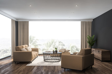 Gray living room interior, beige sofa