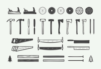 Set of vintage carpentry, woodwork design elements. Can be used for labels, badges, emblems and logo. Vector illustration. Monochrome Graphic Art.