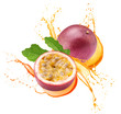 passion fruits with leaf in juice splash isolated on a white background