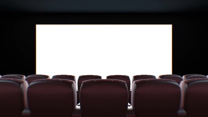 Wall Mural - Wide Screen in Cinema Hall Moving Through Over the Chairs. Beautiful 3d Animation with Lights, Green Screen and Tracking Points. Art and Technology Concept. 4k Ultra HD 3840x2160