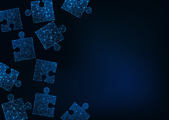 Wall Mural - futuristic glow low poly jigsaw puzzle pieces abstract background with space for text on dark blue.