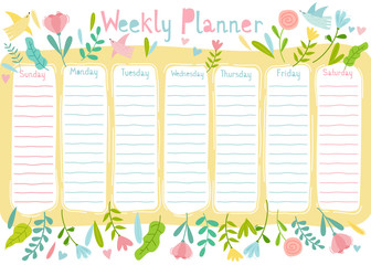 Weekly planner with cute birds and flowers in cartoon style. Kids schedule printable template