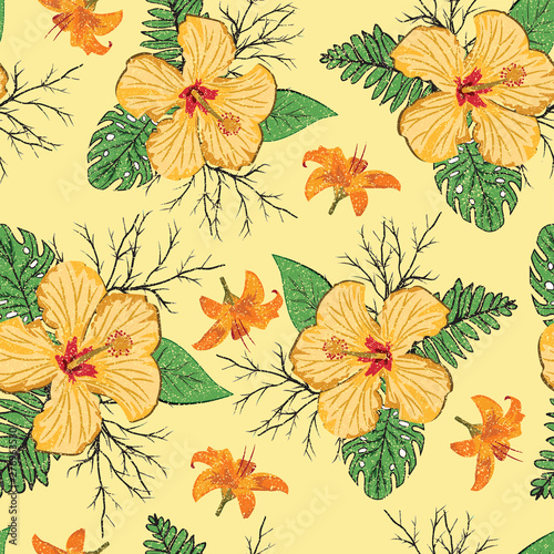beautiful tropical flower with branches and leave seamless pattern