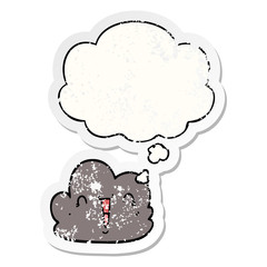 cartoon happy cloud and thought bubble as a distressed worn sticker