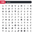 100 sports icons set such as skiing down hill, baseball ball, basketball ball with line, ball pool, stick figure on snowboard, bicycle for children, person riding on sleigh, man balancing, man